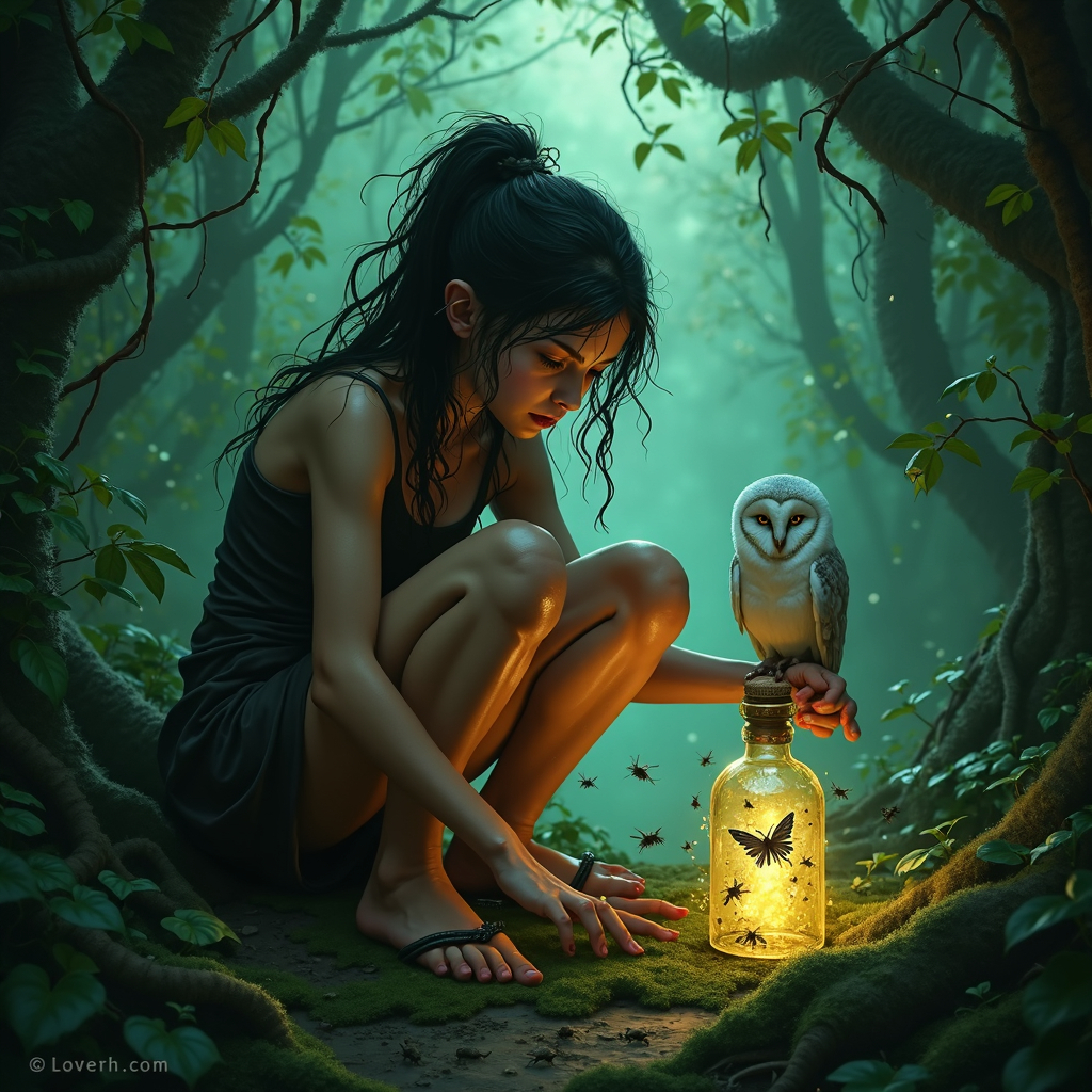 image of a young witch with a fairy in a bottle