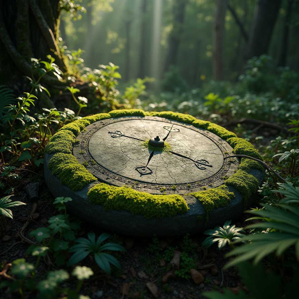 an ancient sundial lies forgotten in a forest, covered in moss
