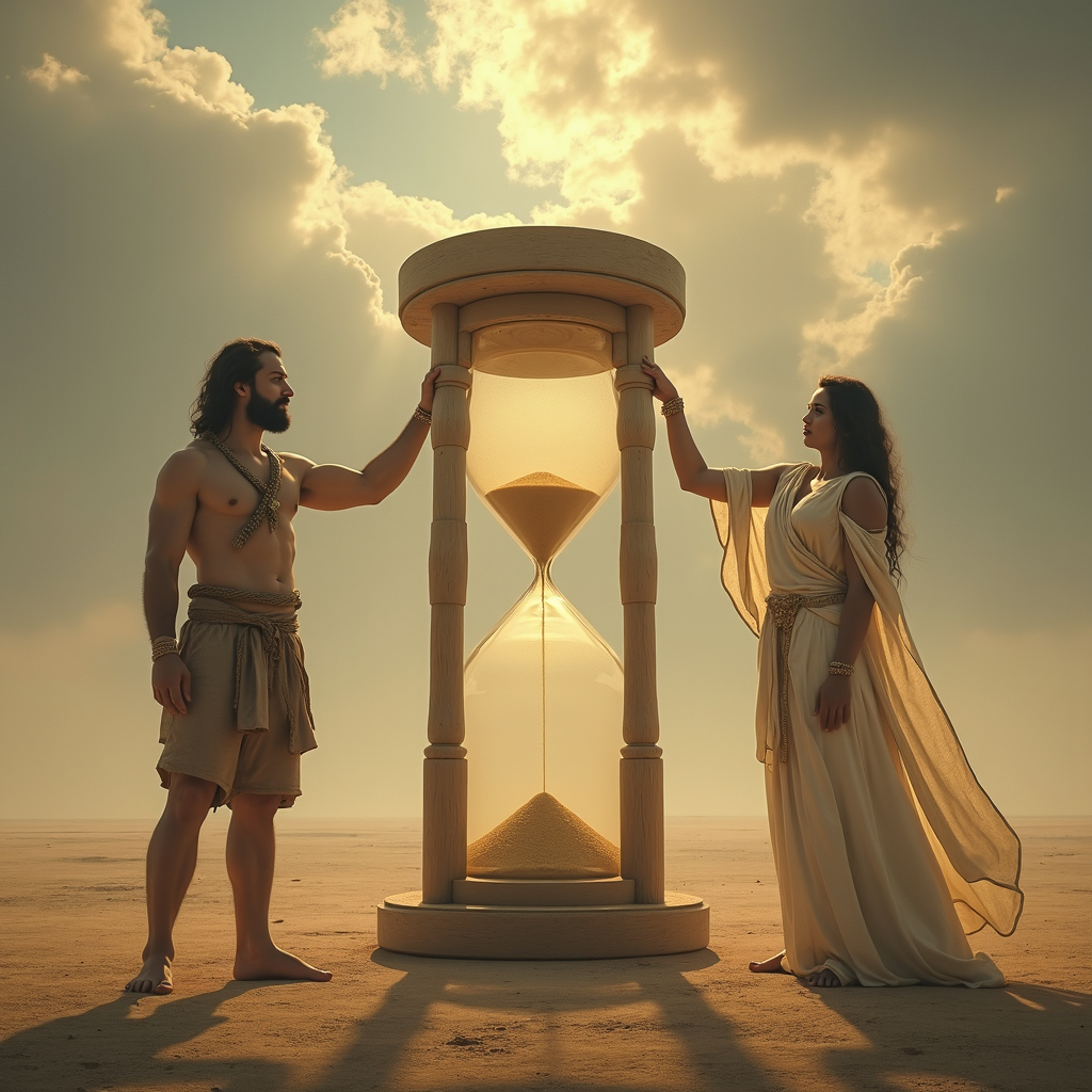 two giants, perhaps gods, stand next to a large hour glass with sand pouring through it