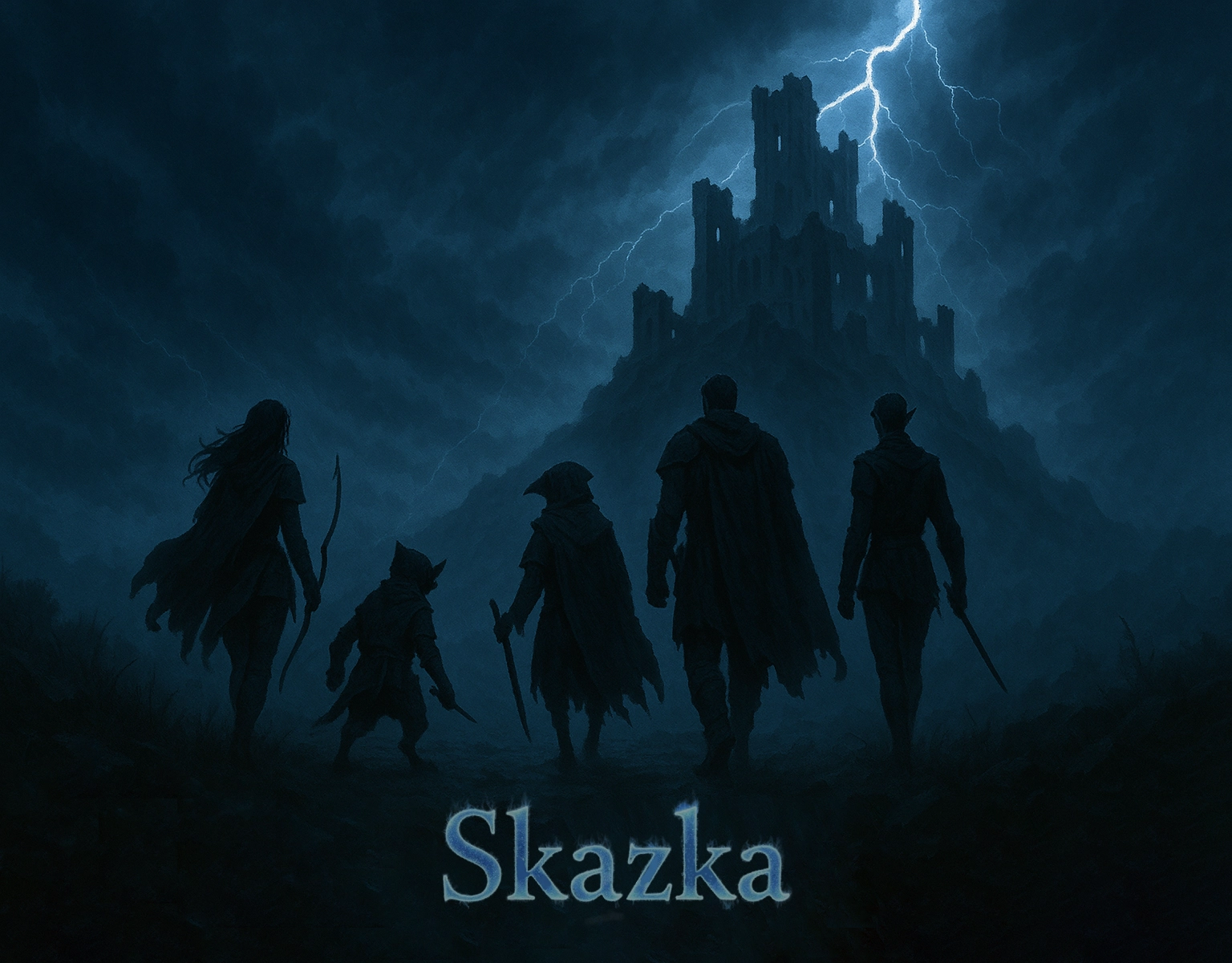 image of adventurers facing a ruined castle on a mountain